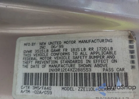 1999 Toyota Corolla Ve from USA, damaged, VIN 1NXBR12E4XZ288553